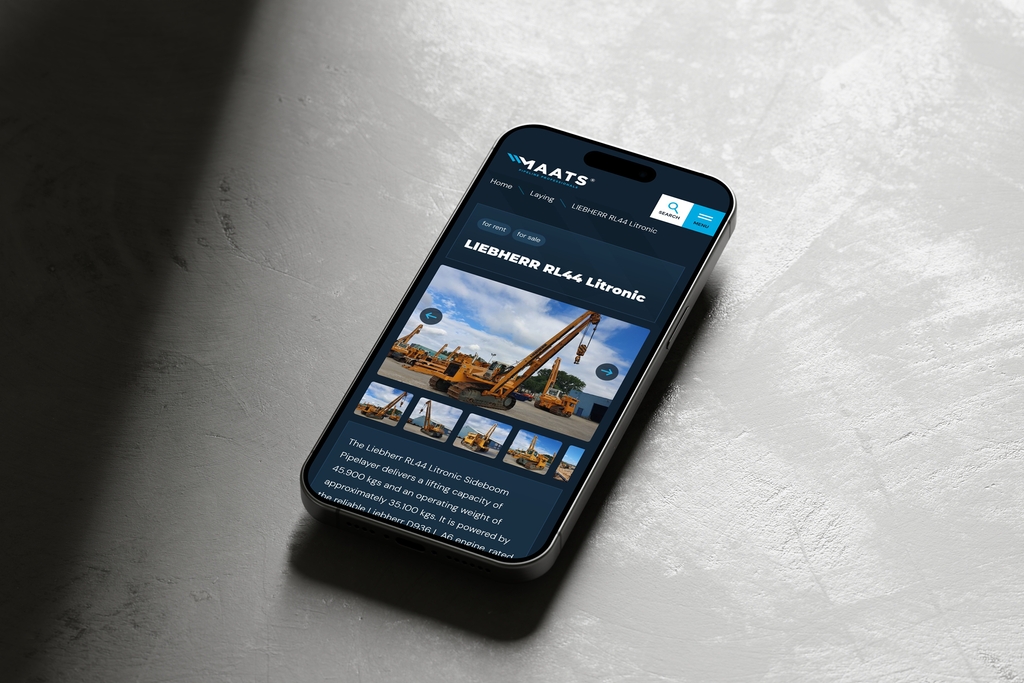 Productpagina van een Liebherr-pipelayer op een telefoon, uit het assortiment van groothandel Maats