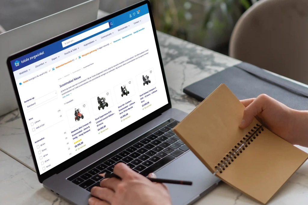 Productoverzicht met scootmobielen bij Totale Zorgwinkel na de webshop optimalisatie
