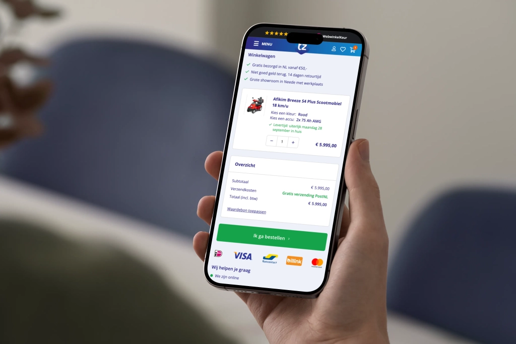 Winkelwagen en afrekenproces van Totale Zorgwinkel op een smartphone