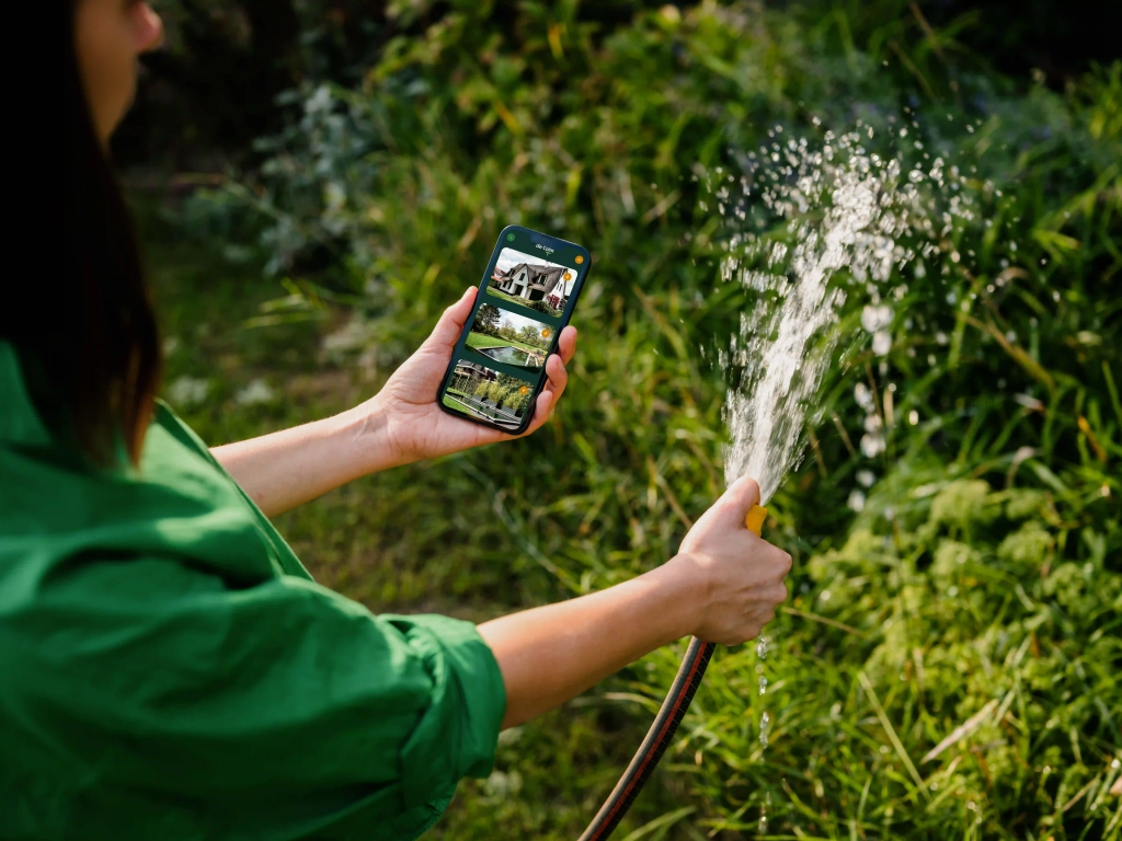 Iemand bekijkt de site van hoveniersbedrijf De Colm op een telefoon tijdens het water geven in de tuin