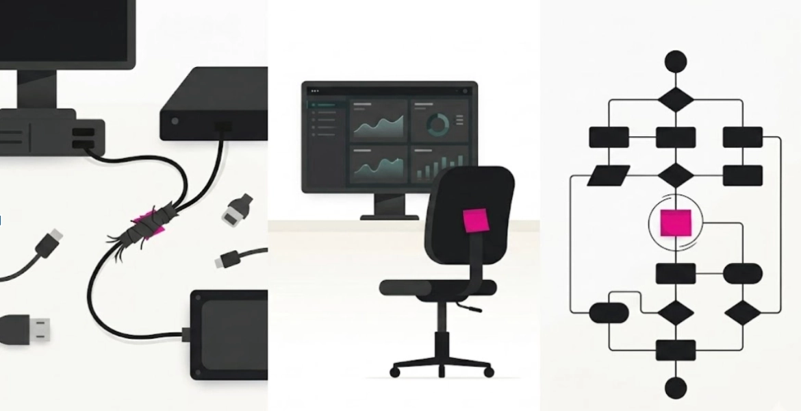 Drie illustraties van veelgemaakte softwarefouten bij mkb: kapotte koppeling, ongebruikt dashboard en te complex procesdiagram