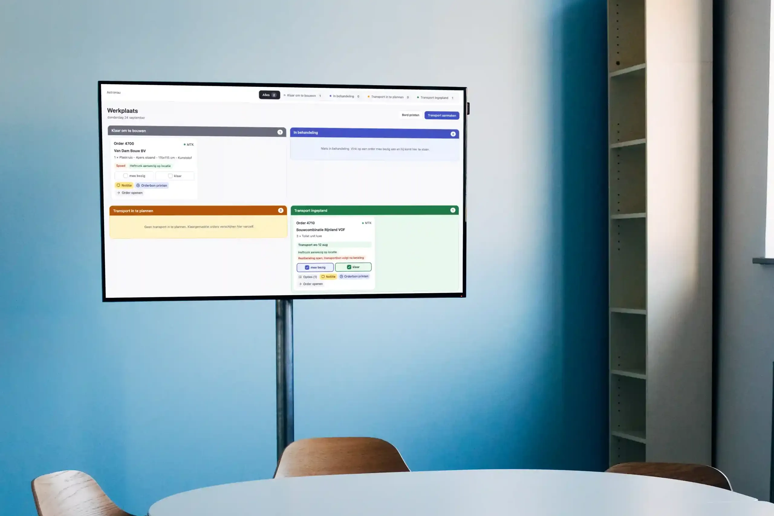 Het werkplaatsbord in de backoffice software van Astronau op een scherm in de vergaderruimte