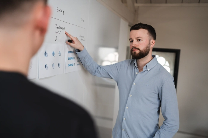 Flowchart op het whiteboard als eerste stap bij een maatwerk webshop.