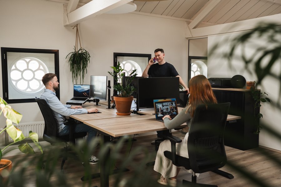 Team werkt aan maatwerk website in moderne werkomgeving.